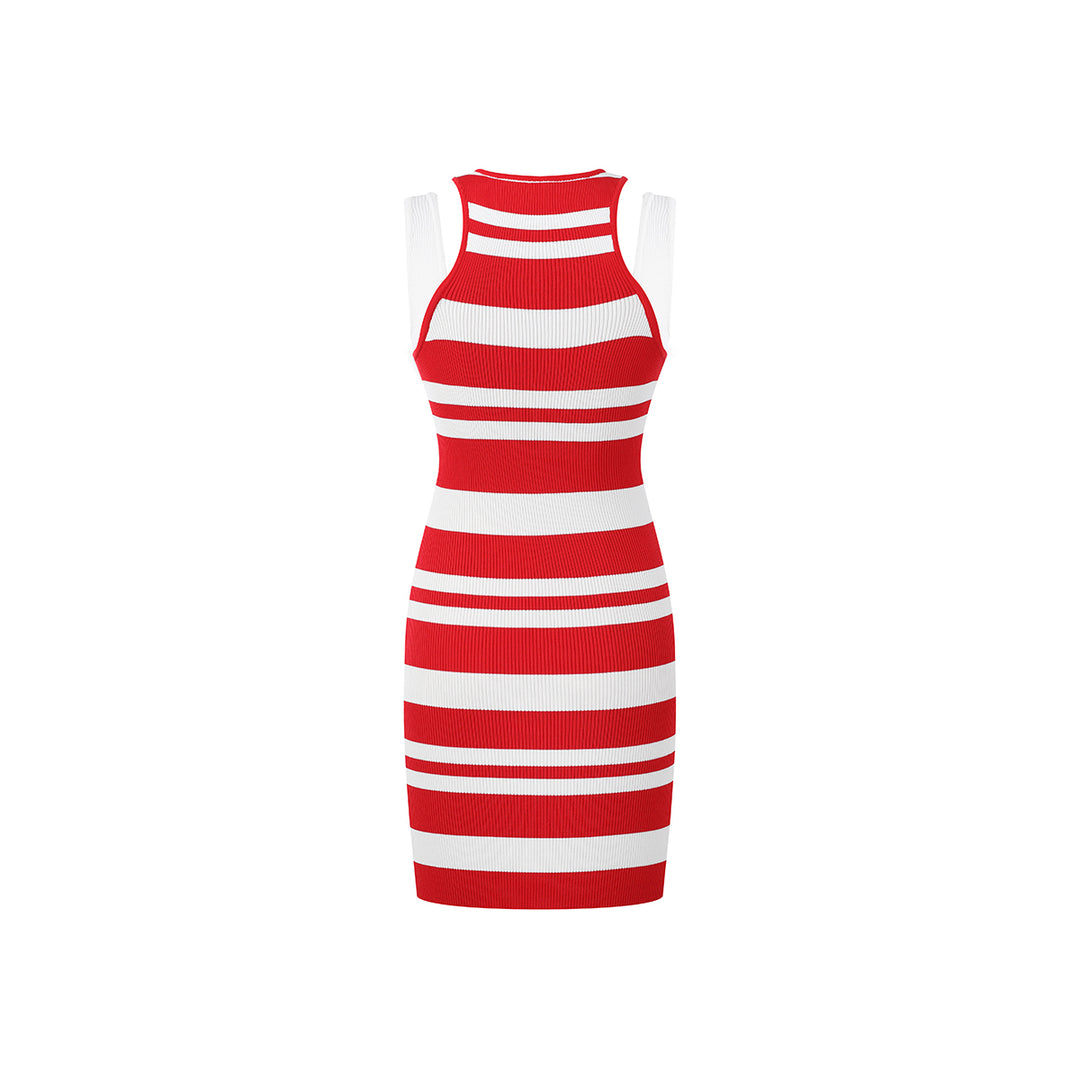 Three Quarters Striped Sleeveless Knit Long Dress Red