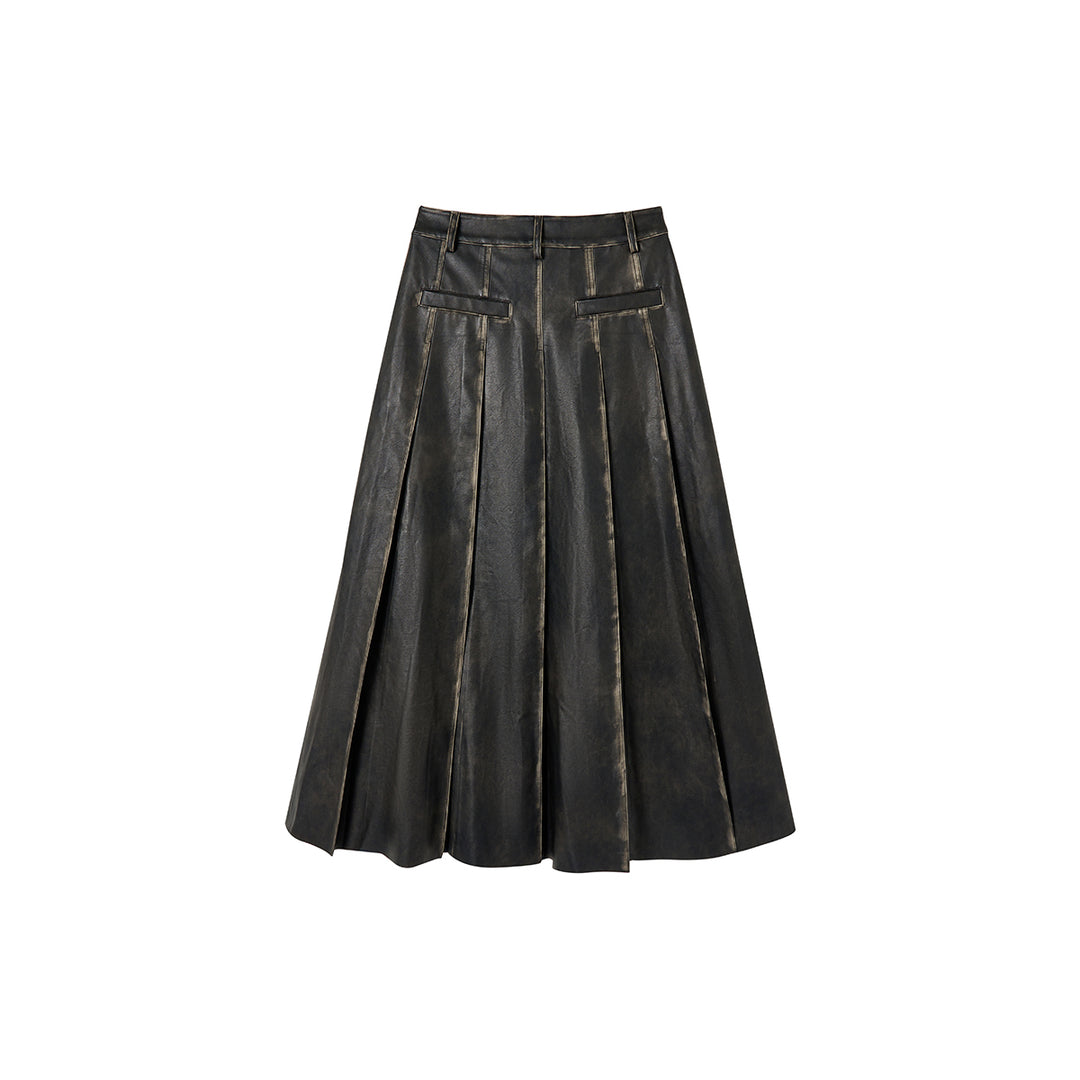 Via Pitti Brush-Off Leather Pleated Long Skirt - Mores Studio