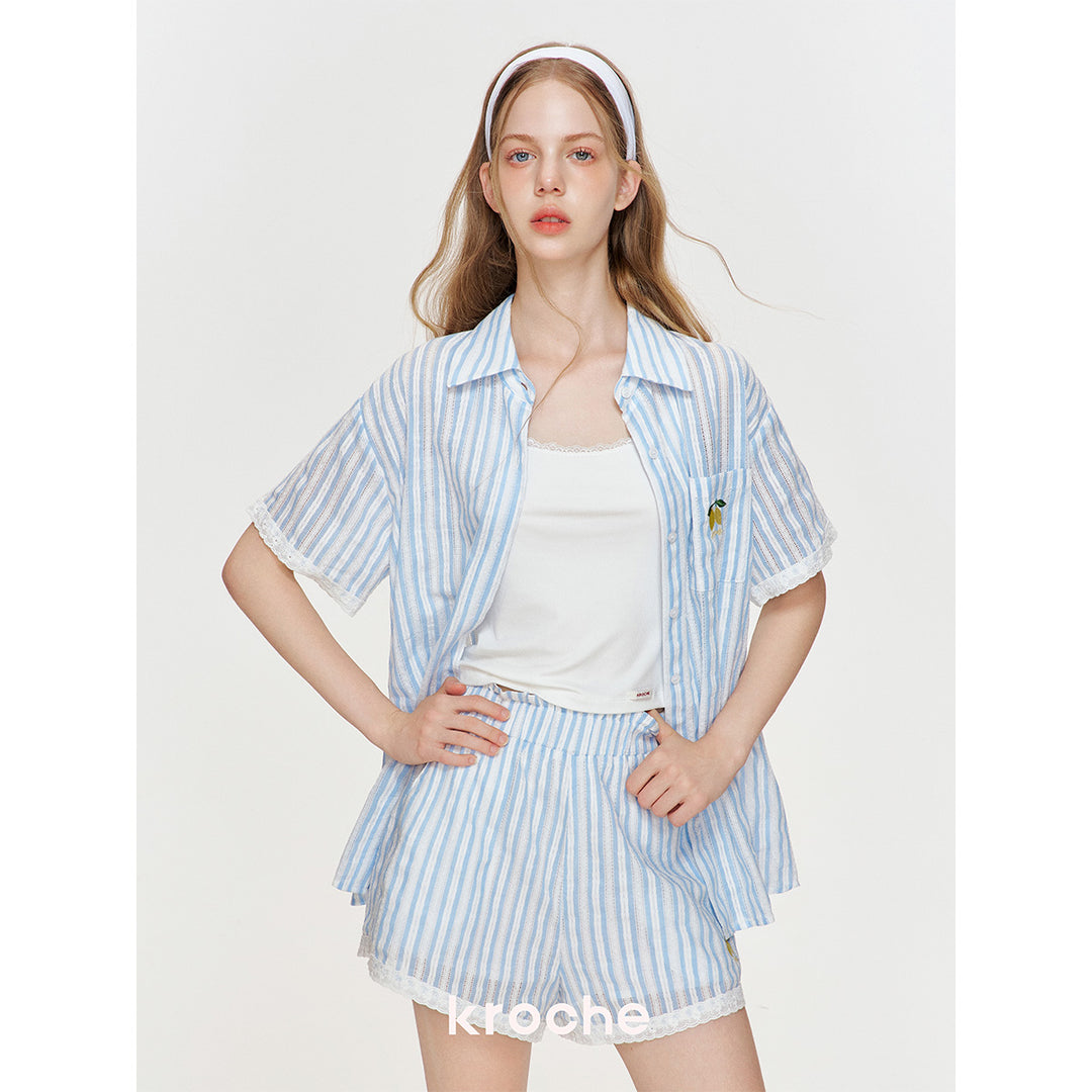 Kroche Lace Edge Hollow Out Striped Embroidery Shirt Blue