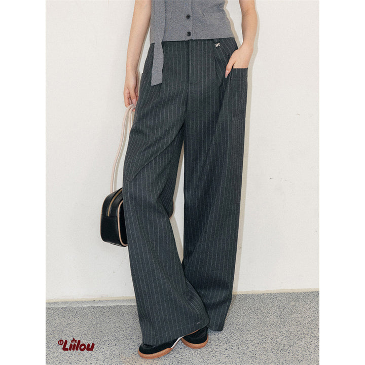 Liilou Striped High Waist Wide Leg Suit Pants Dark Grey