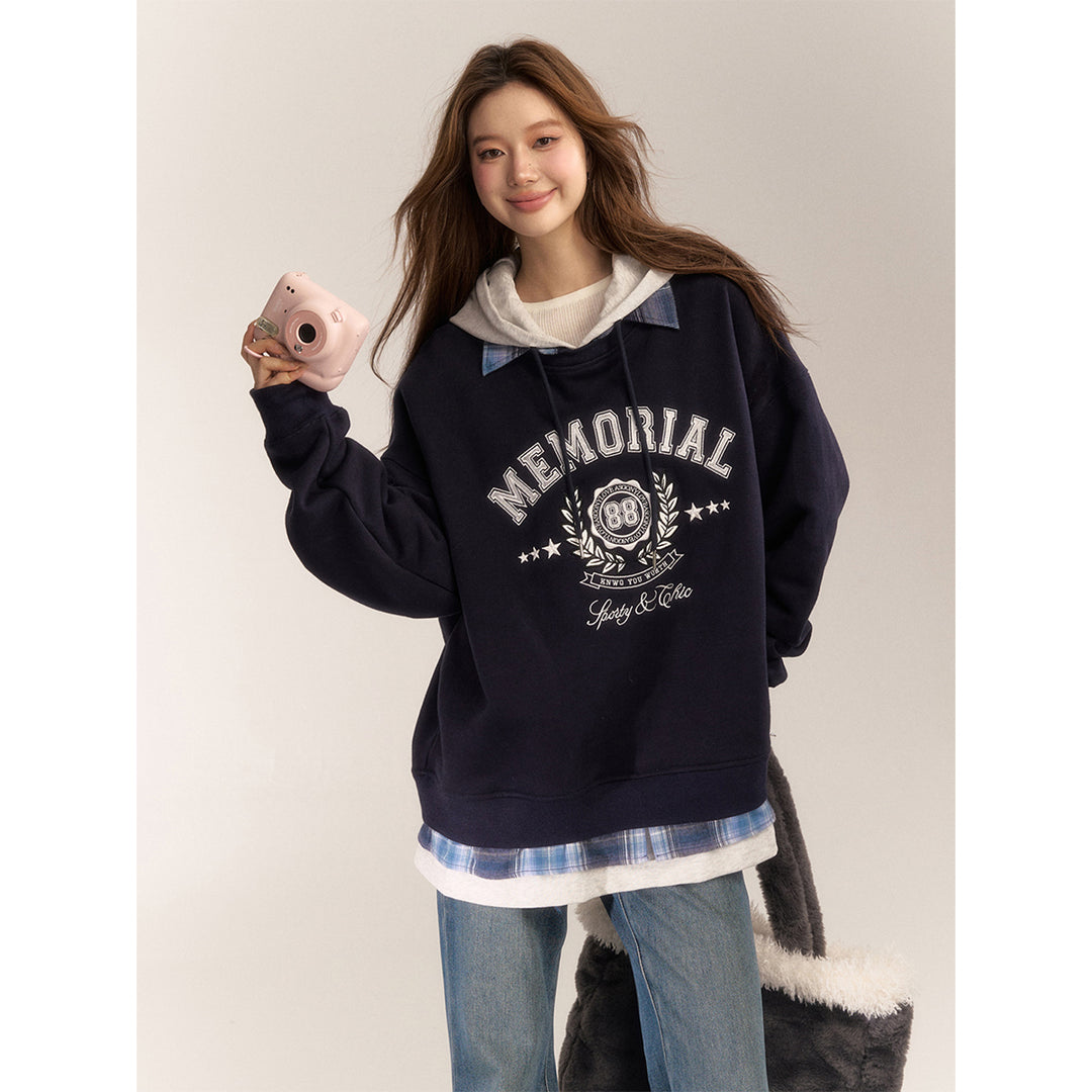 AsGony Fake-3-Piece Plaid Patchwork Retro Printed Hoodie