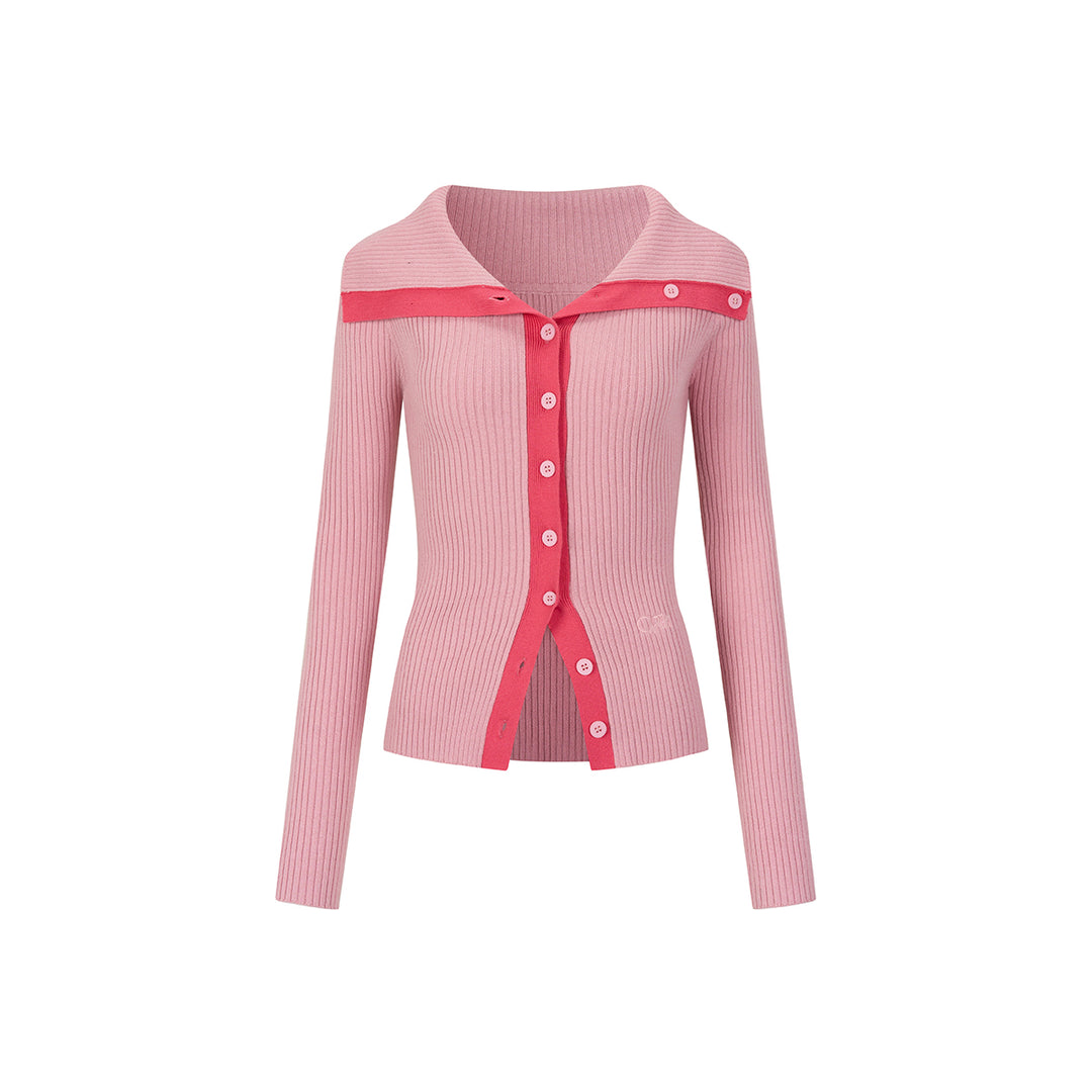 Via Pitti Color Blocked Big Lapel Knit Slim Cardigan Pink