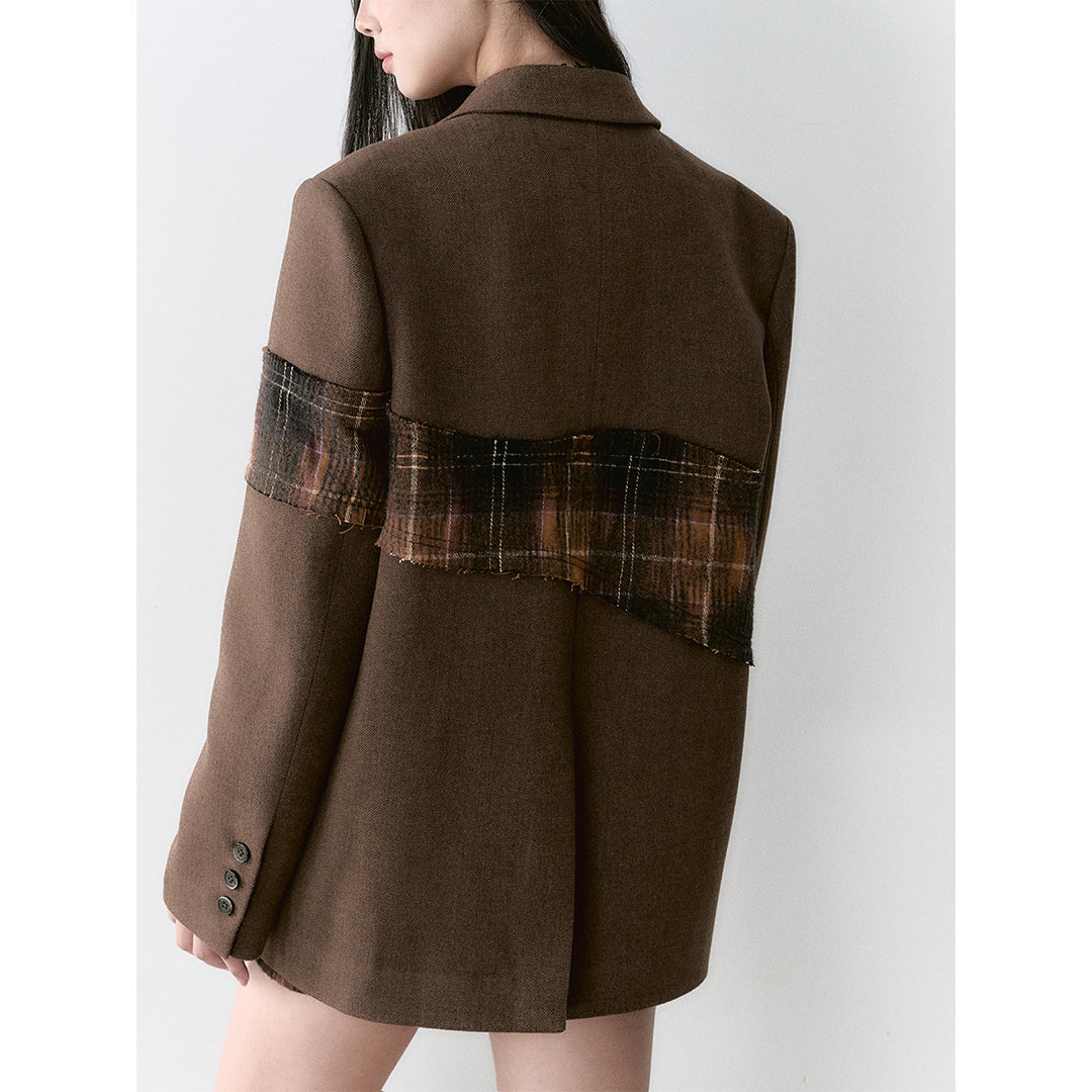 Via Pitti Heavy Plaid Patchwork Mid-Length Coat Brown