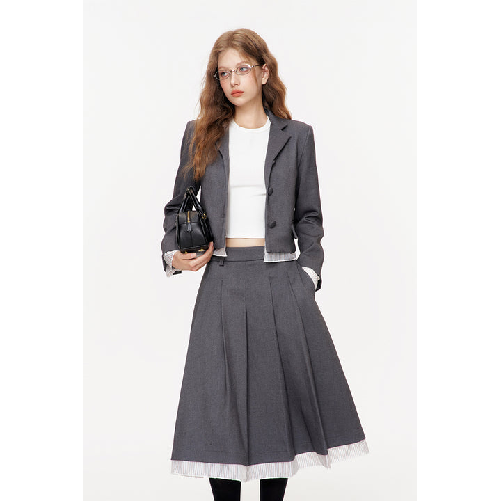 Kroche Striped Patchwork Pleated Long Skirt Gray