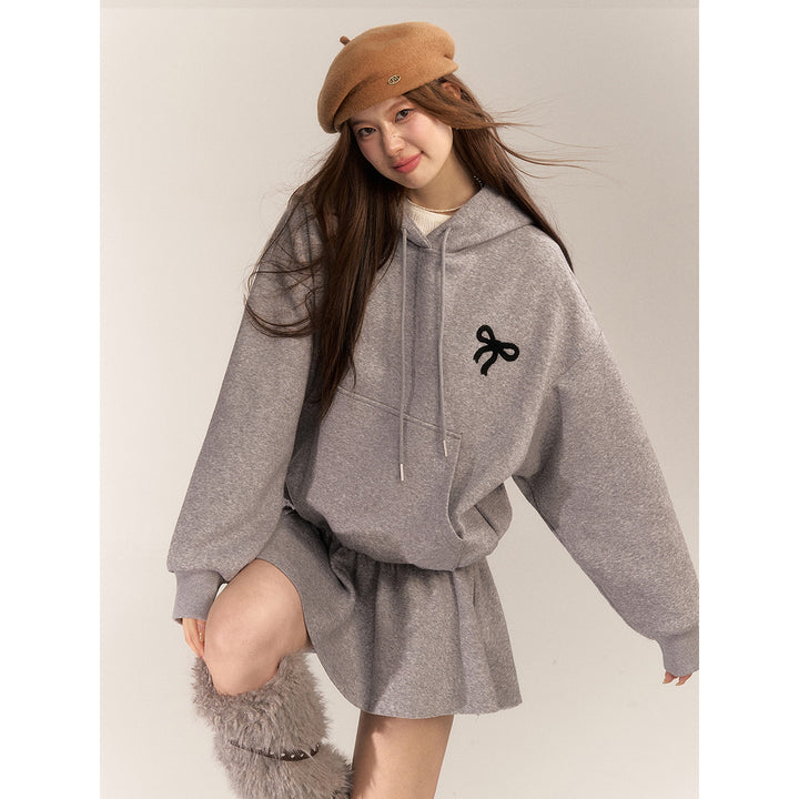 AsGony Bow Tie Hooded Waisting Sweat Dress Gray