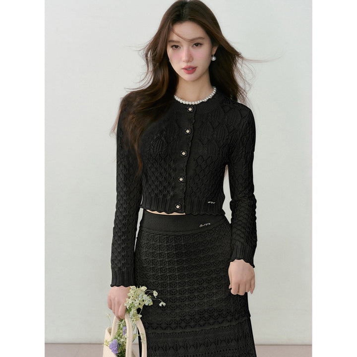 AsGony Knit Lace Hollow Cardigan Dress Set Black
