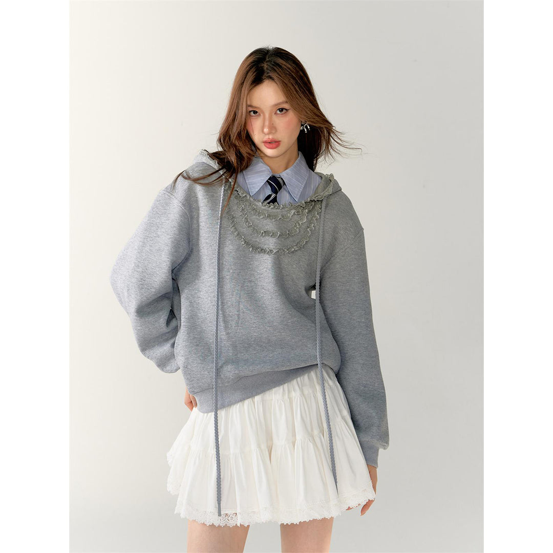 AsGony 3D Lace Edge Patchwork Casual Sweater Gray