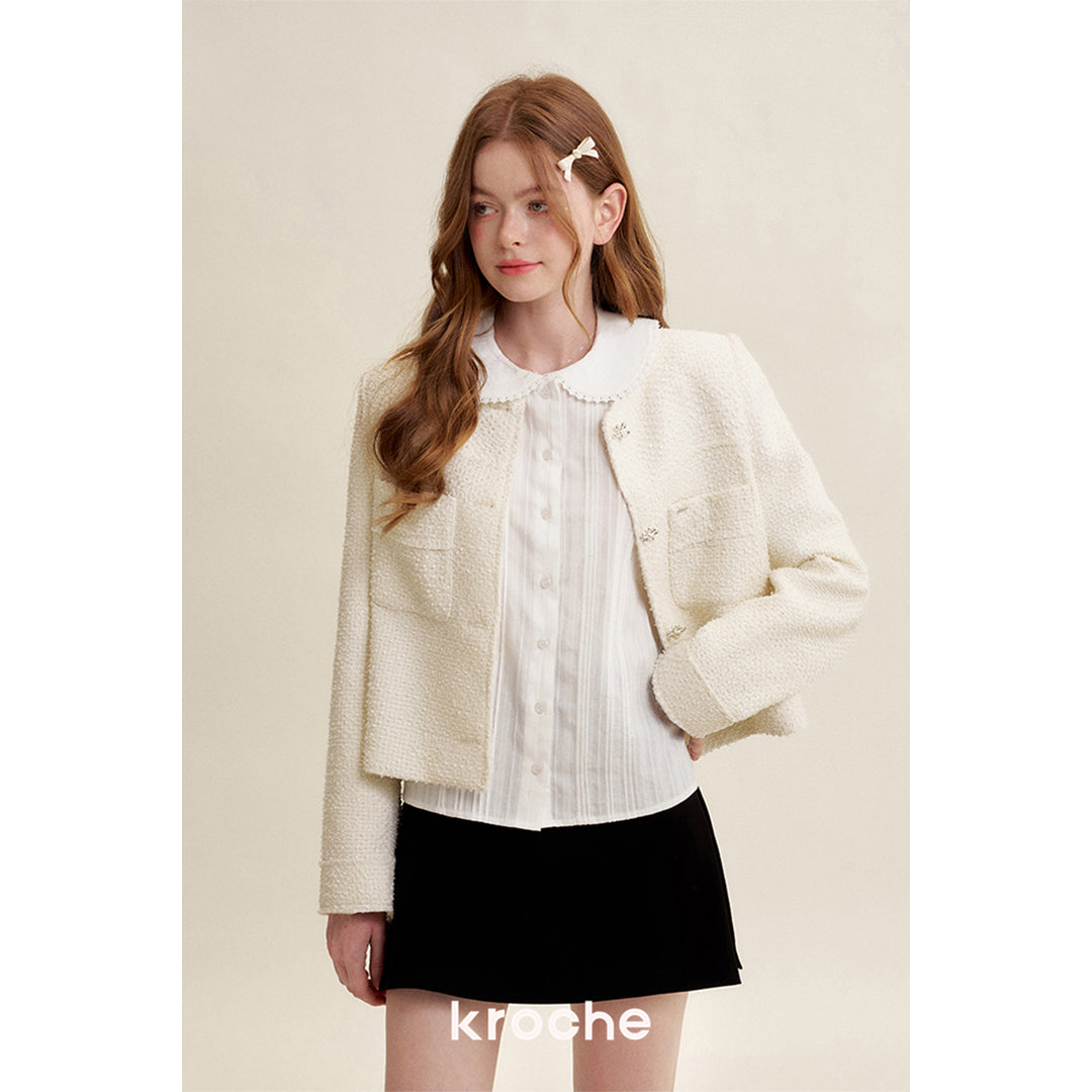 Kroche Heavy Floral Button Tweed Jacket White