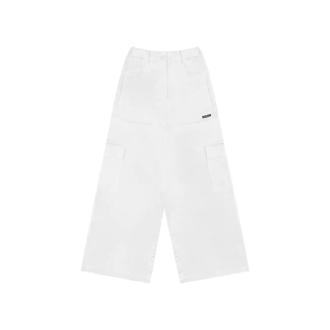 AsGony Fake-2-Piece Wide-Leg Casual Cargo Pants White