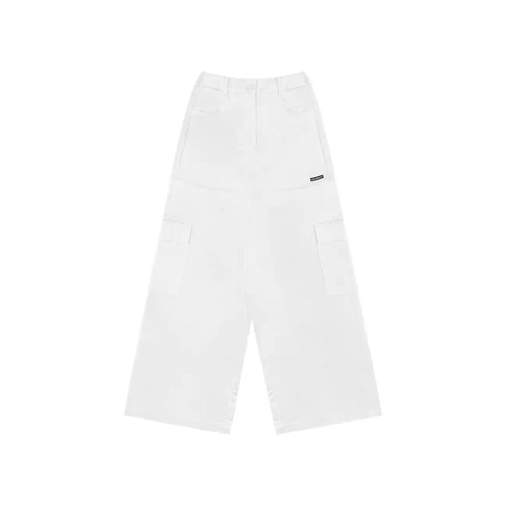 AsGony Fake-2-Piece Wide-Leg Casual Cargo Pants White