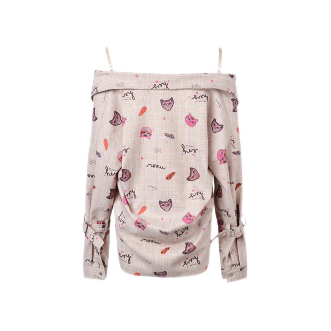 MeliMosa Kitten Printed Drawstring Off-Shoulder Shirt