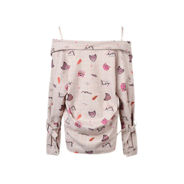 MeliMosa Kitten Printed Drawstring Off-Shoulder Shirt