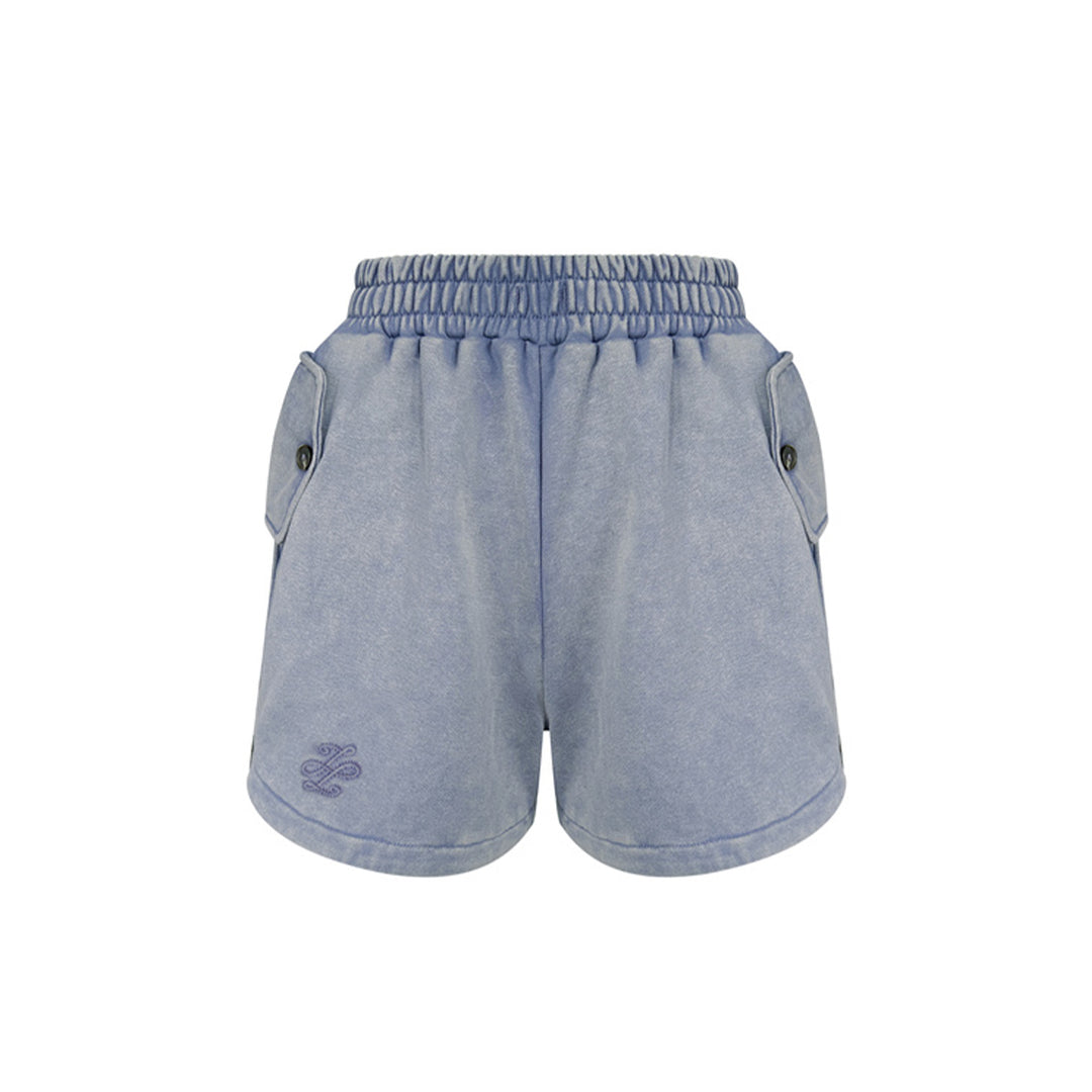 Liilou Logo Embroidery High Waist Casual Shorts Washed Blue - Mores Studio