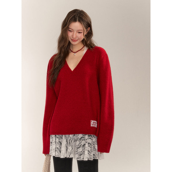 AsGony Retro V-Neck Casual Knit Sweater Red