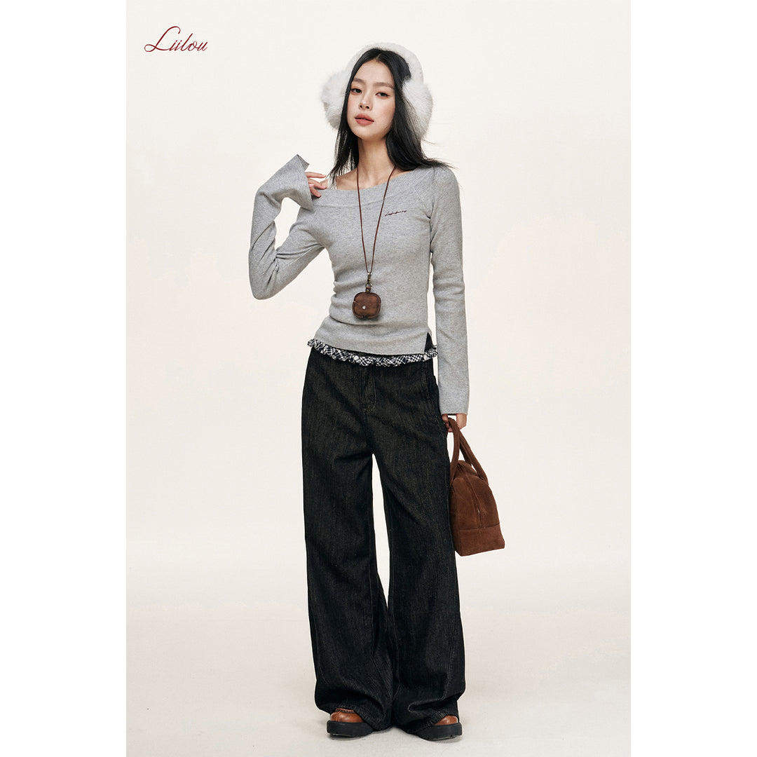 Liilou Plaid Stringy Lace Edge Wide-Leg Fleece-Lined Jeans