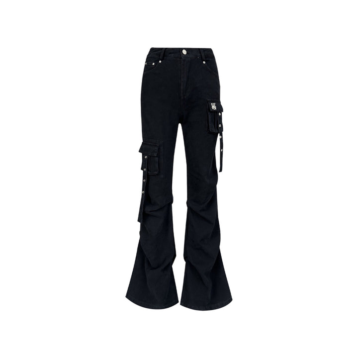 Liilou Multi-Pocket Wrinkle Flared Cargo Pants Black - Mores Studio