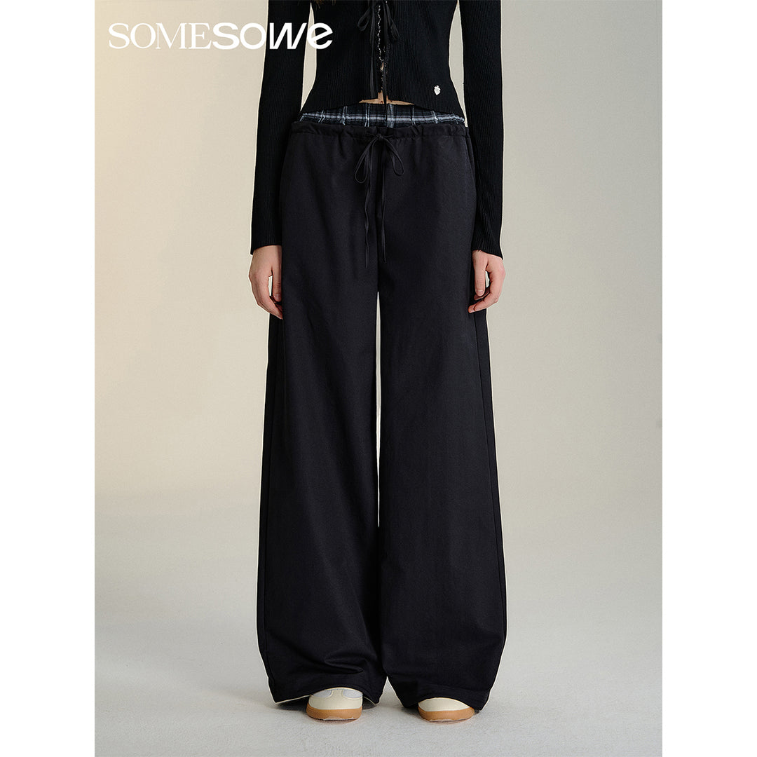 SomeSowe Double Waist Drawstring Wide-Leg Pants Black