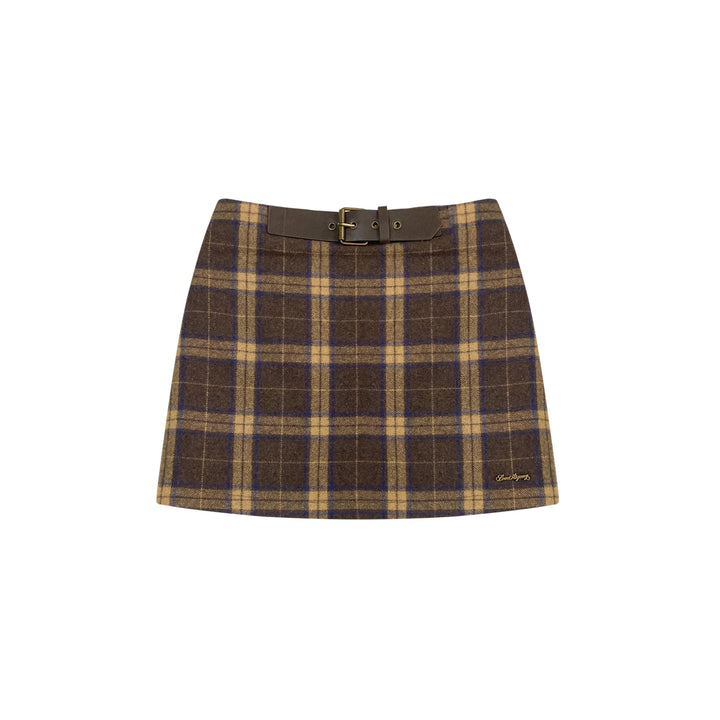 AsGony Retro Plaid High Waist Tweed Skirt Brown