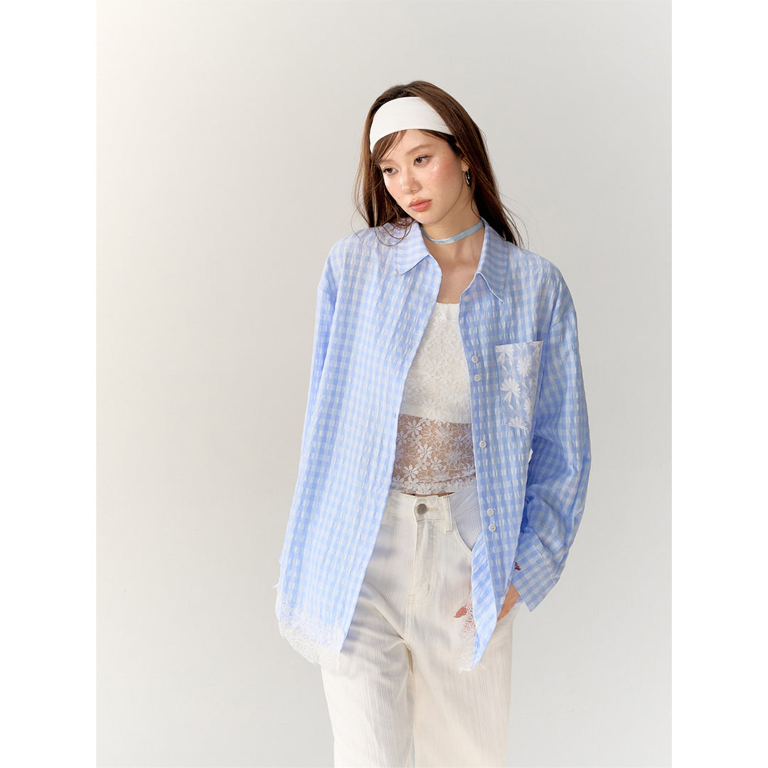 AsGony Lace Patchwork Embroidery Plaid Shirt Blue