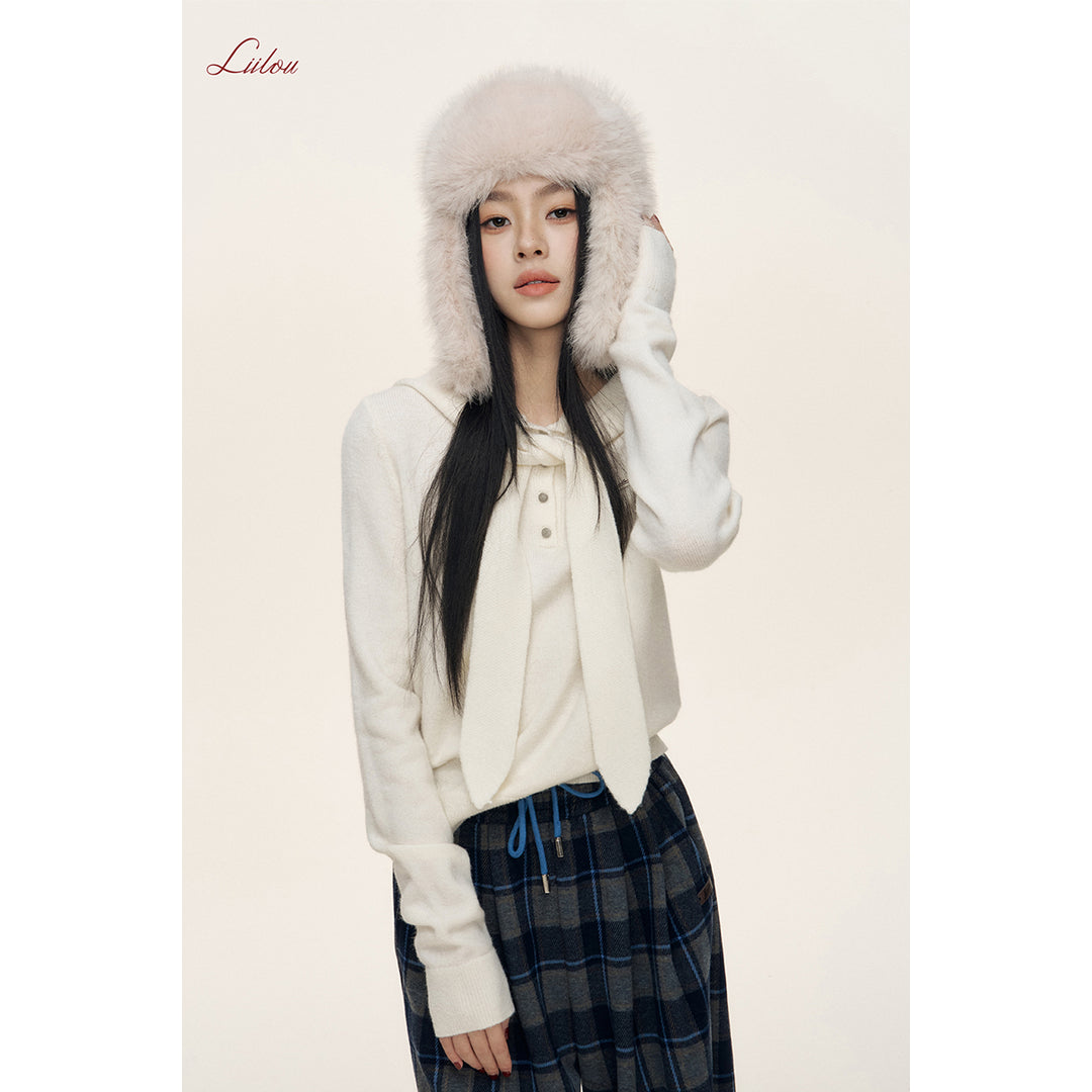 Liilou Shawl Hooded Woolen Knit Sweater White