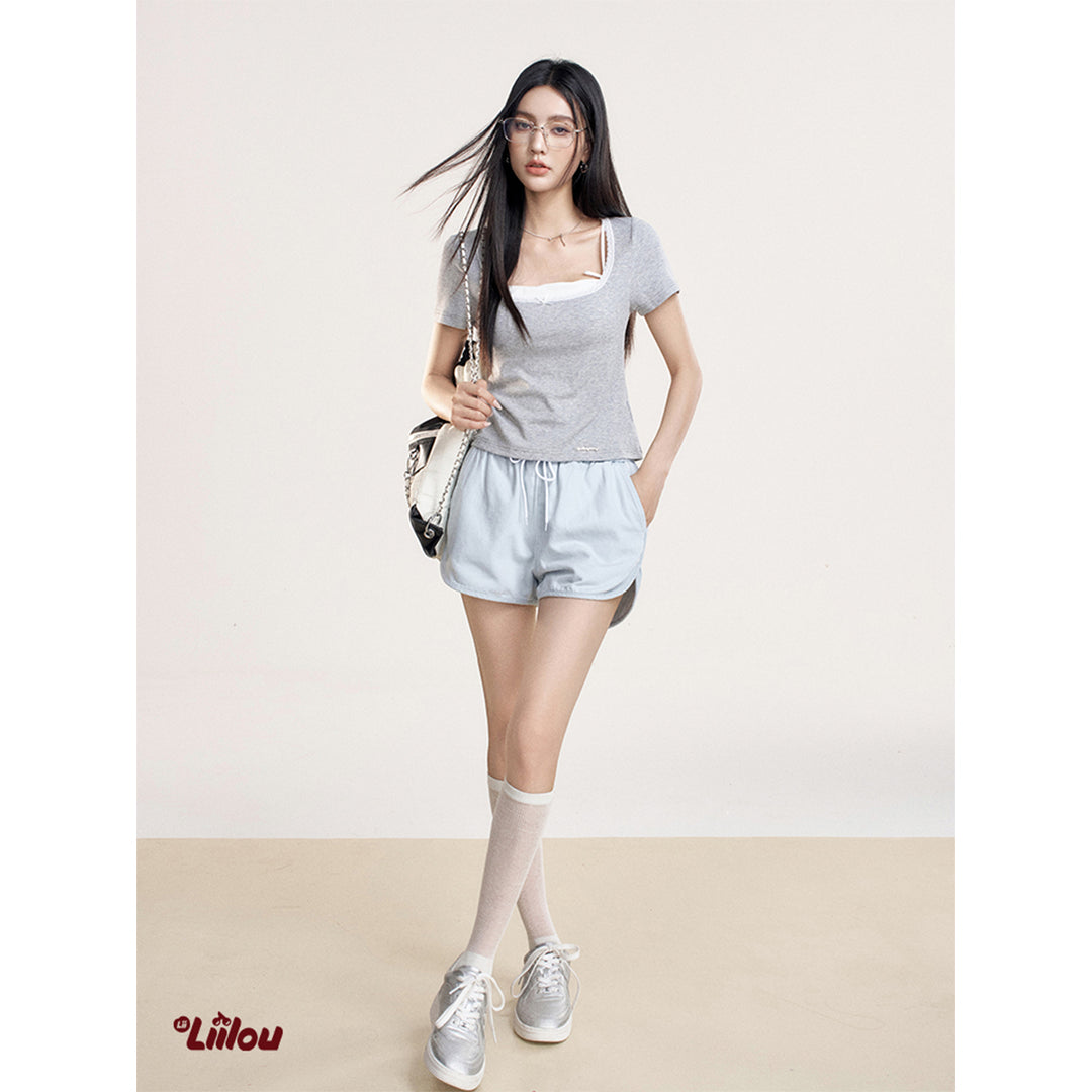 Liilou Bow Lace Edge Square Neck T-Shirt Gray