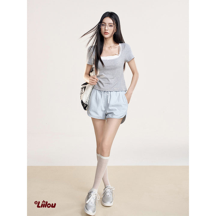 Liilou Bow Lace Edge Square Neck T-Shirt Gray