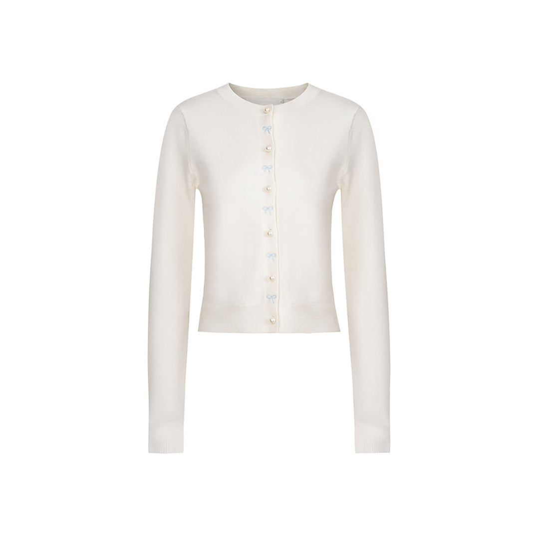 Kroche ﻿Bow Embroidery Pearl Button Knit Cardigan White