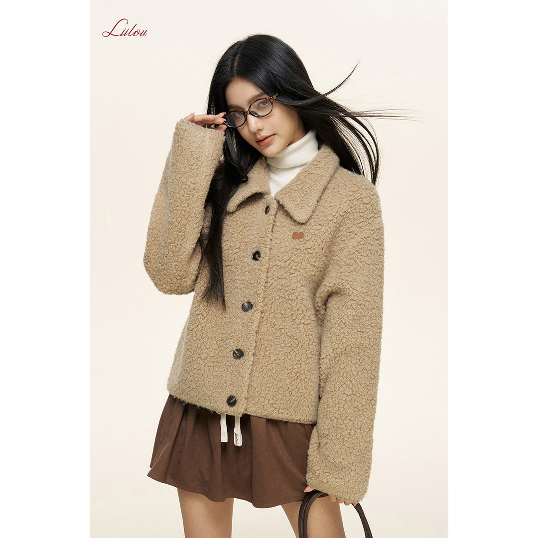 Liilou Loop Woolen Lapel Fleece Cardigan Khaki