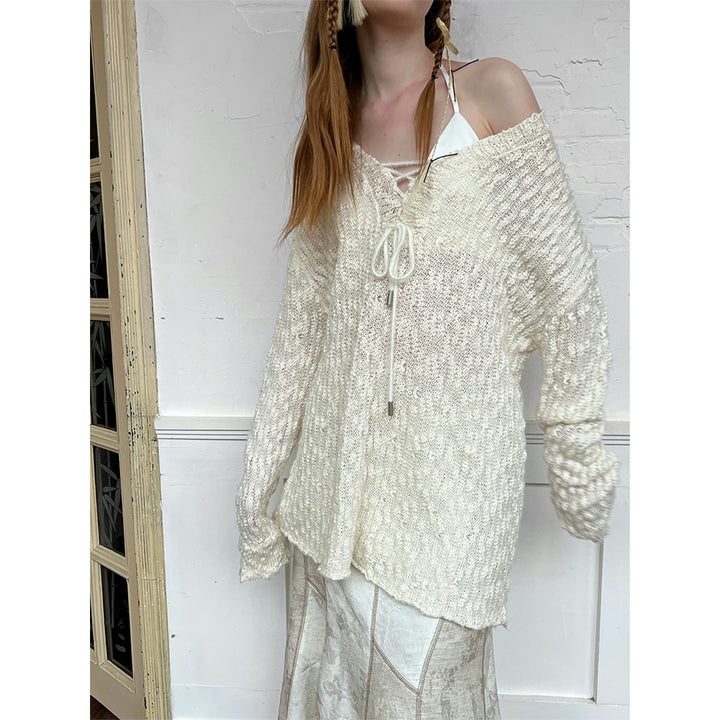 Anno Mundi Mottled Texture Slouchy Knit Blouse Top White