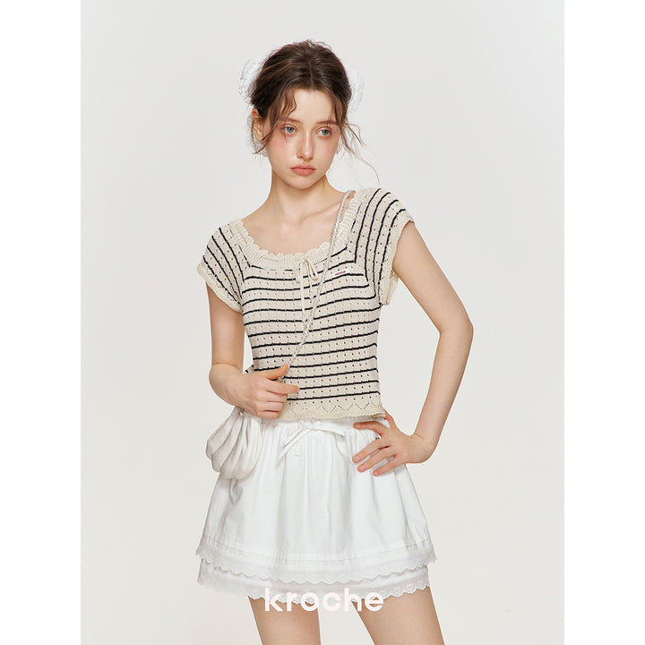 Kroche Hollow Out Lace Up Striped Knitted Top