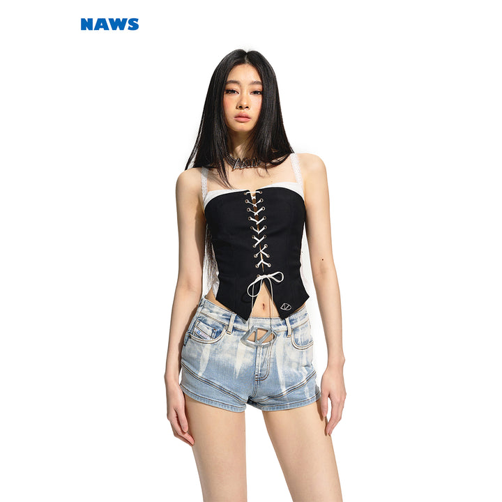 NAWS Lace Patchwork Tie Tube Top Vest Black