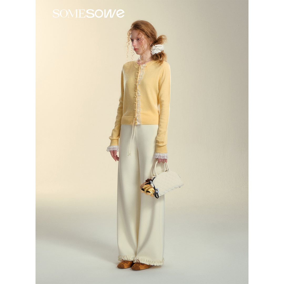 SomeSowe Lace Edge Round-Neck Knit Cardigan Yellow