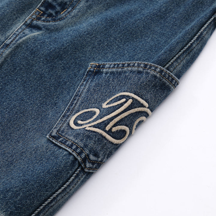Three Quarters Vintage Logo Embroidery Washed Denim Skirt - Mores Studio