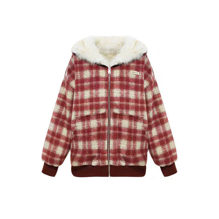 AsGony Reversible Retro Plaid Fleece Padded Jacket Red