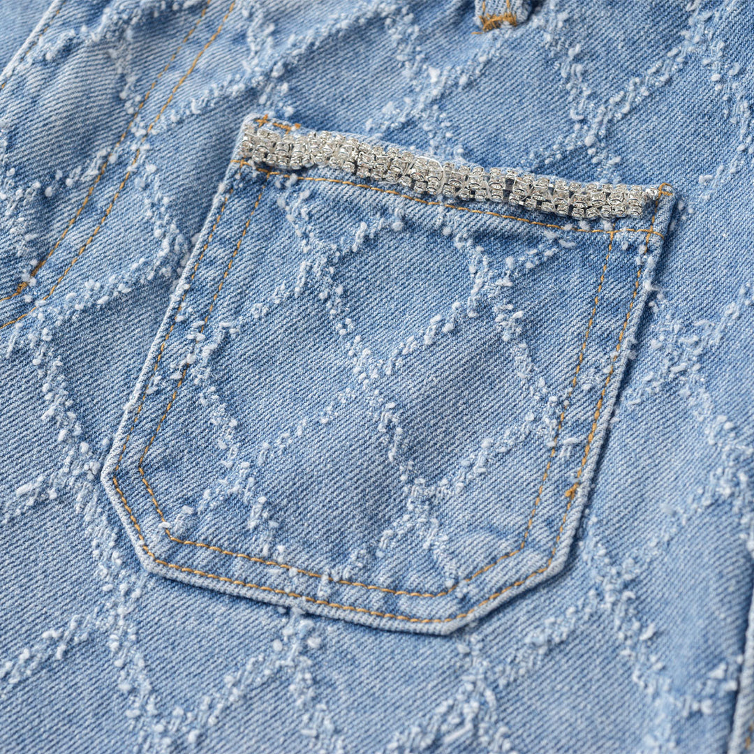 Three Quarters Diamond Checkered Denim Jeans - GirlFork