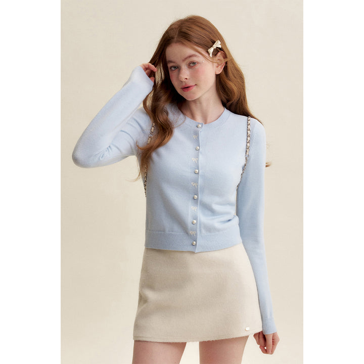 Kroche ﻿Bow Embroidery Pearl Button Knit Cardigan Blue