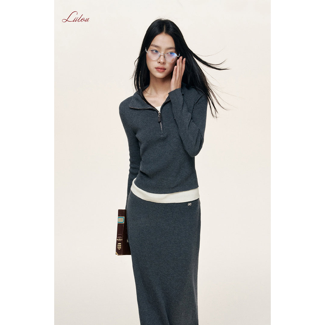 Liilou Merino Woolen Fake-2-Piece Knit Long Skirt Dark Gray