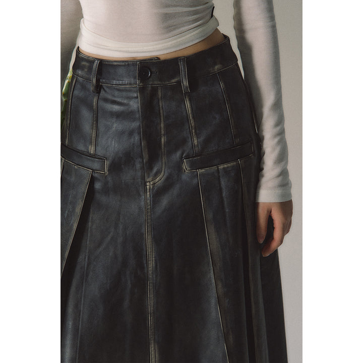 Via Pitti Brush-Off Leather Pleated Long Skirt - Mores Studio