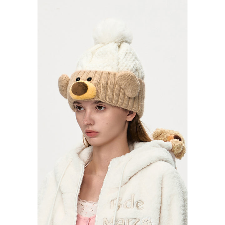 13De Marzo Bear Fuzzy Snowball Knit Beanie Beige