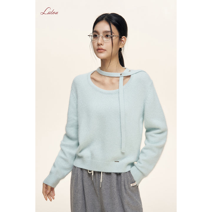 Liilou Halter Lace Up Long Sleeved Knit Sweater Blue