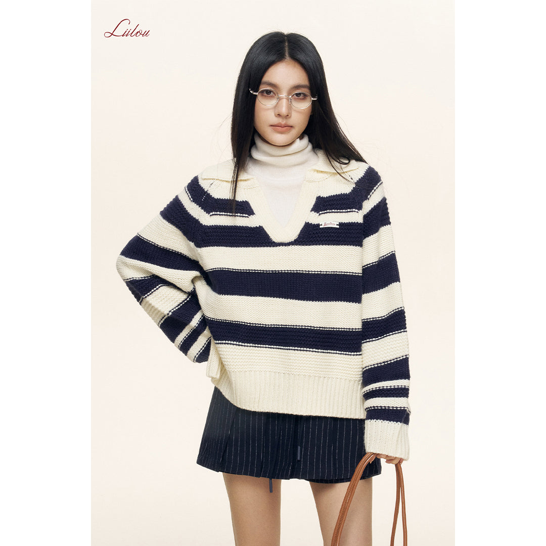 Liilou Contrast Color Striped Lapel V-Neck Knit Sweater