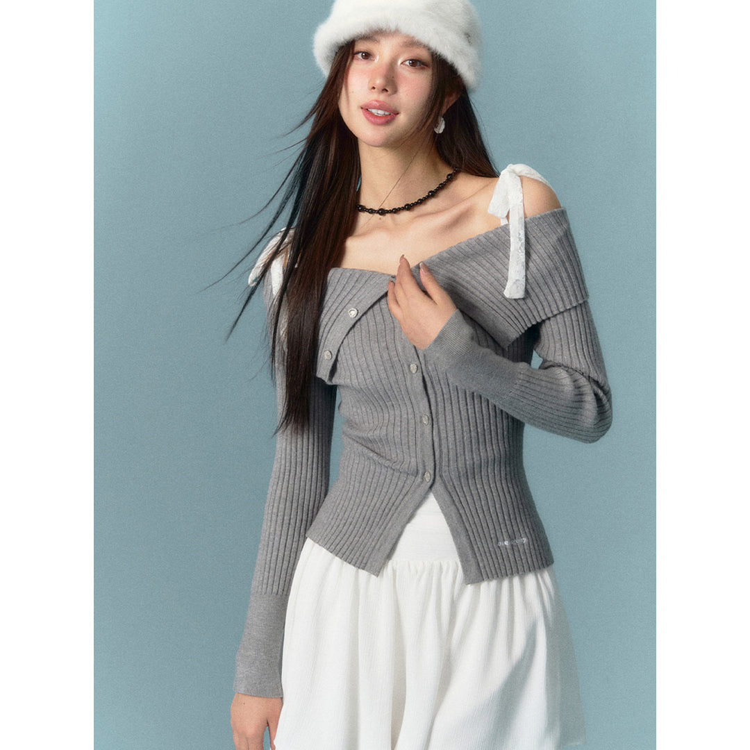 AsGony Lace Strap Off Shoulder Knit Top Grey