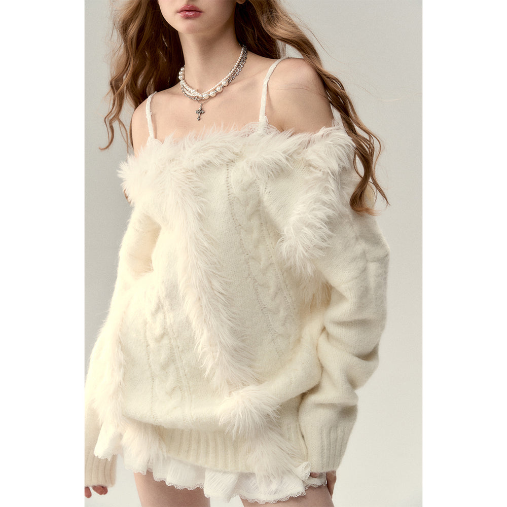 Via Pitti Off Shoulder Fur Integrated Knit Sweater White - Mores Studio