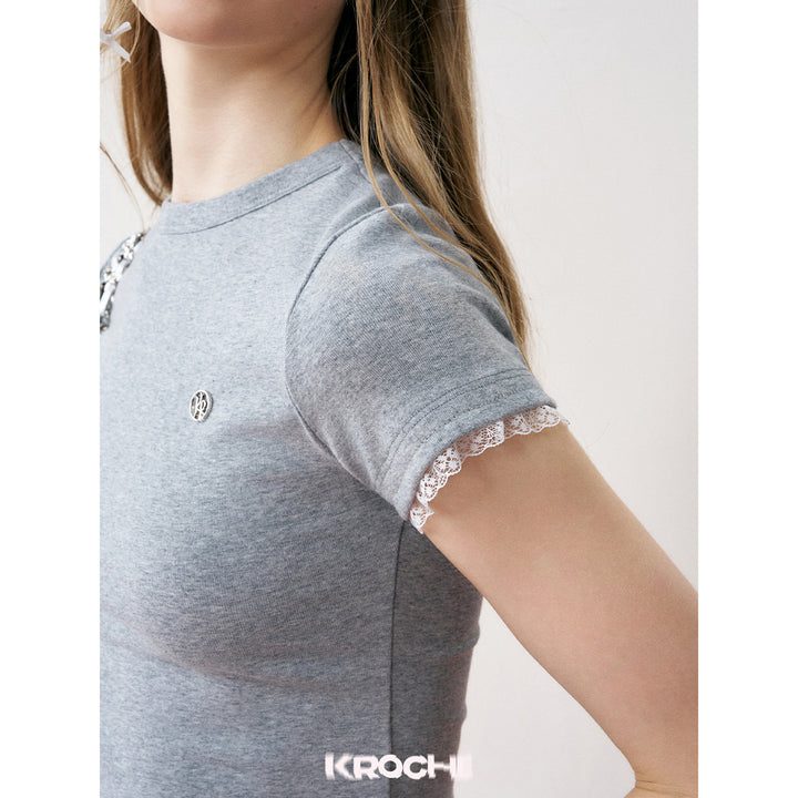 Kroche Lace Sleeve Clean Fit Logo Slim Fit Top Grey