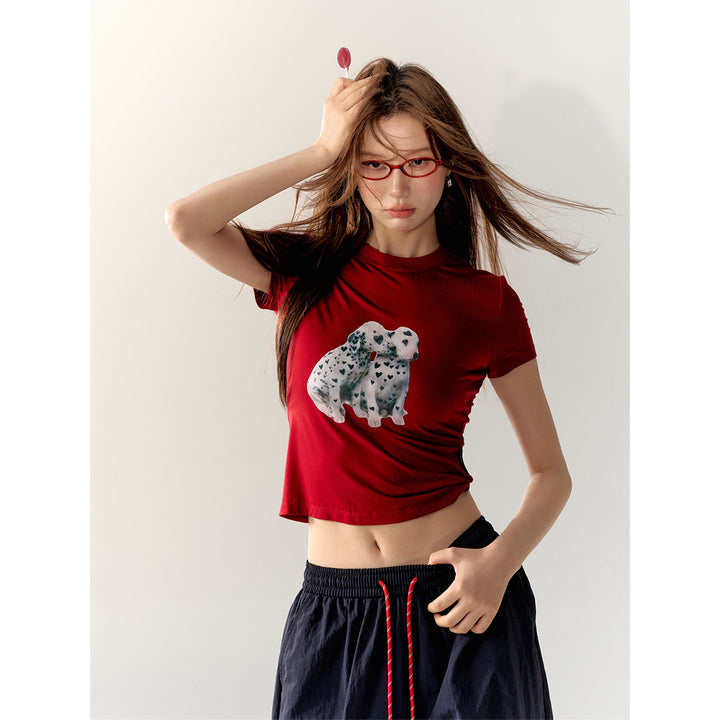 AsGony Printed Spotted Puppy Slim T-Shirt Red