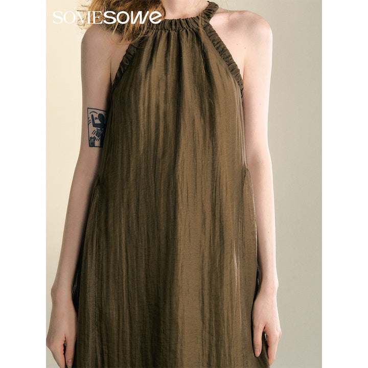 SomeSowe Pleated Texture Halter Dress Brown