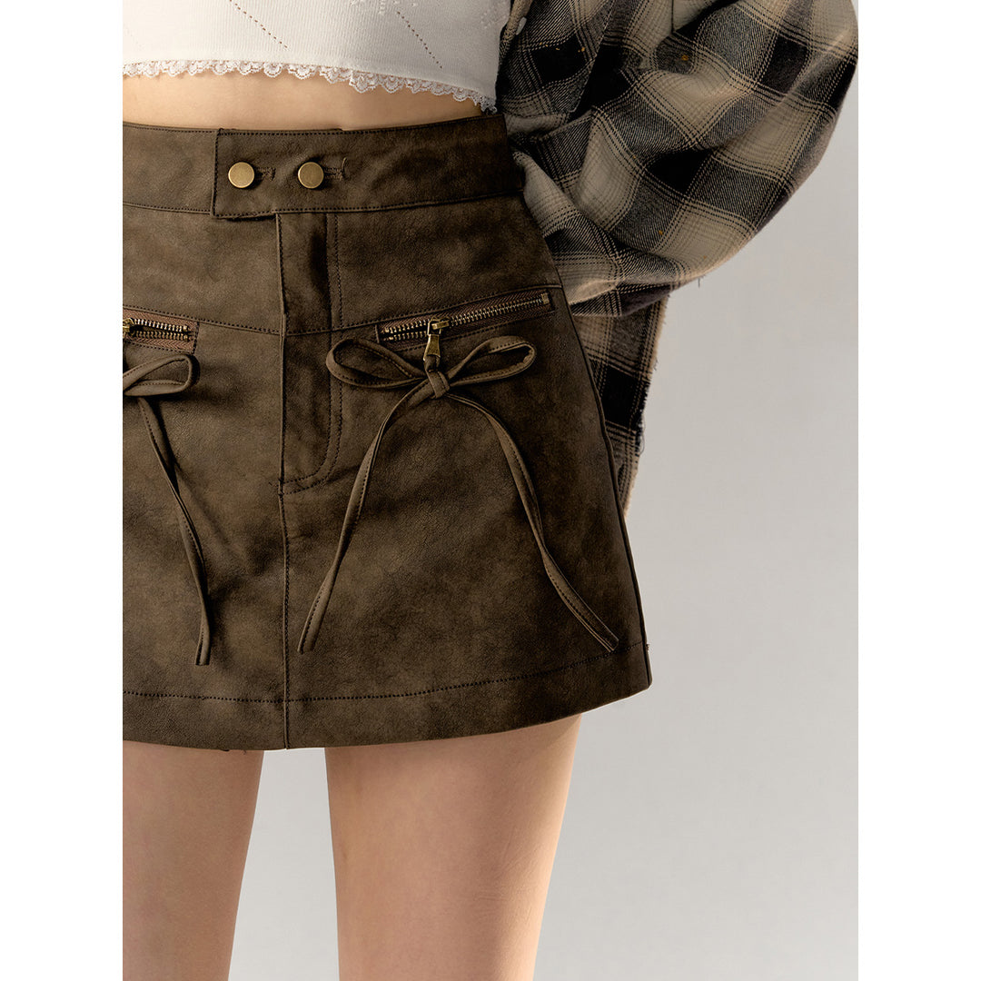 AsGony Bow Lace Up High Waist Leather Skirt