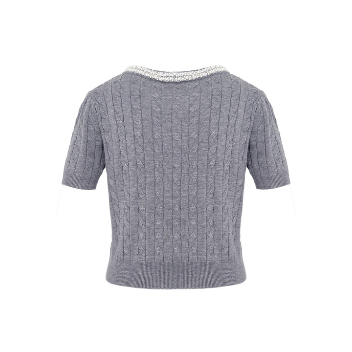 Kroche Pearl Collar Woolen Short Sleeved Cardigan Grey - Mores Studio