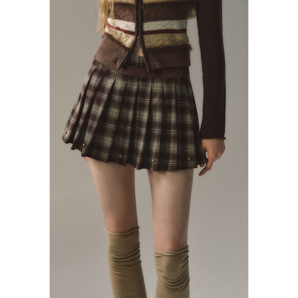 Via Pitti Rivet Suede Leather Patchwork Pleated Plaid Skirt Brown - Mores Studio