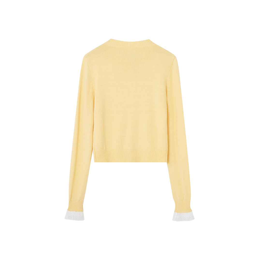 SomeSowe Lace Edge Round-Neck Knit Cardigan Yellow